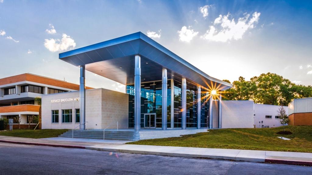 Sun setting behind the Frisch Welcome Center