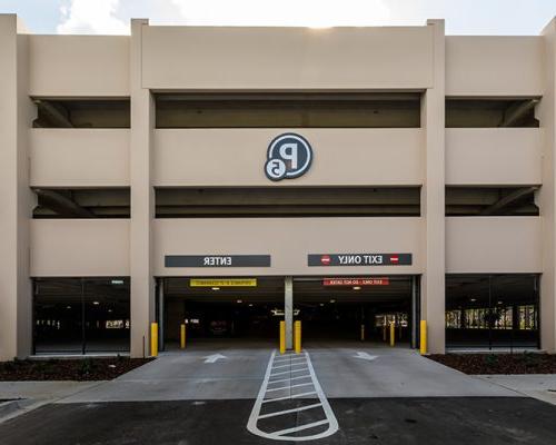 Close up photo of main entrance/exit of parking structure.